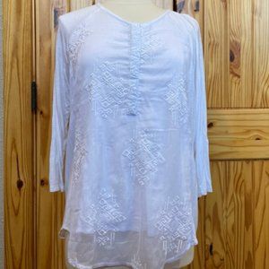 RXB 3/4 sleeve pullover with sheer front overlayer.